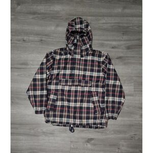 GAP Mens Small 90s Blue Red Plaid Pullover ANORAK JACKET Hood 1/4 Zip VINTAGE